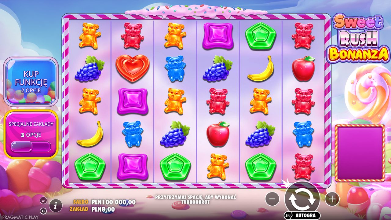 Ekran gry podstawowej Sweet Rush Bonanza w demo po polsku: pole 6×5 i przyciski trybów zakładu