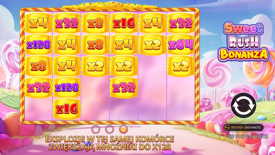 Ekran startowy Sweet Rush Bonanza w demo po polsku: pola z mnożnikami do x128