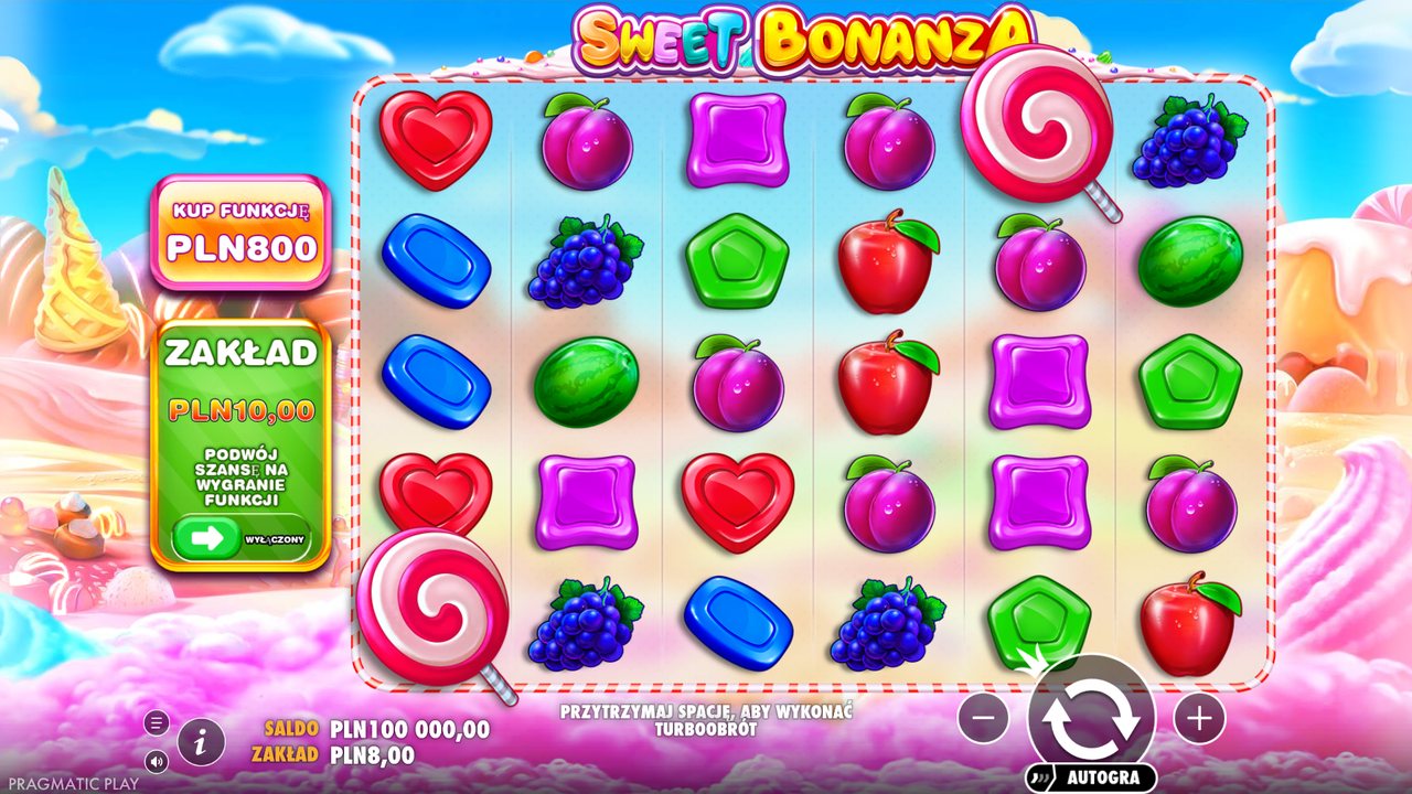 Slot Sweet Bonanza w demo po polsku: pole 6×5, przyciski Kup funkcję i zakład ante
