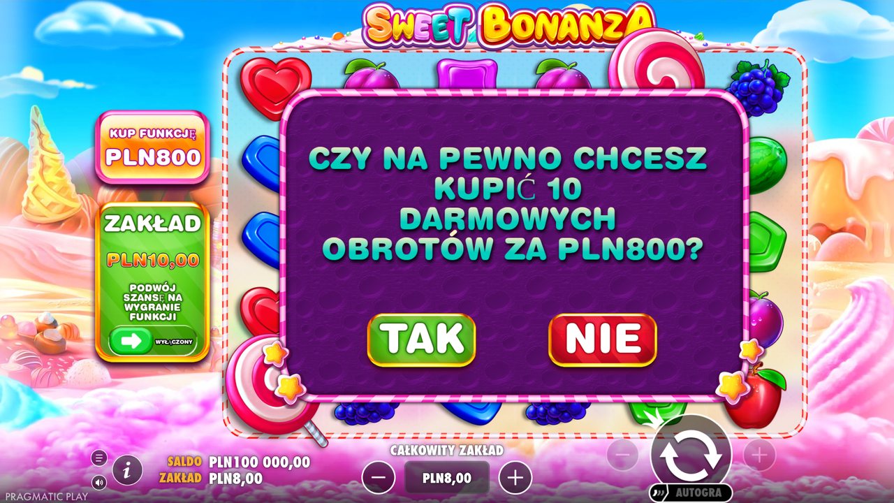 Sweet Bonanza w demo: okno potwierdzenia kupna 10 darmowych obrotów za 800 zł