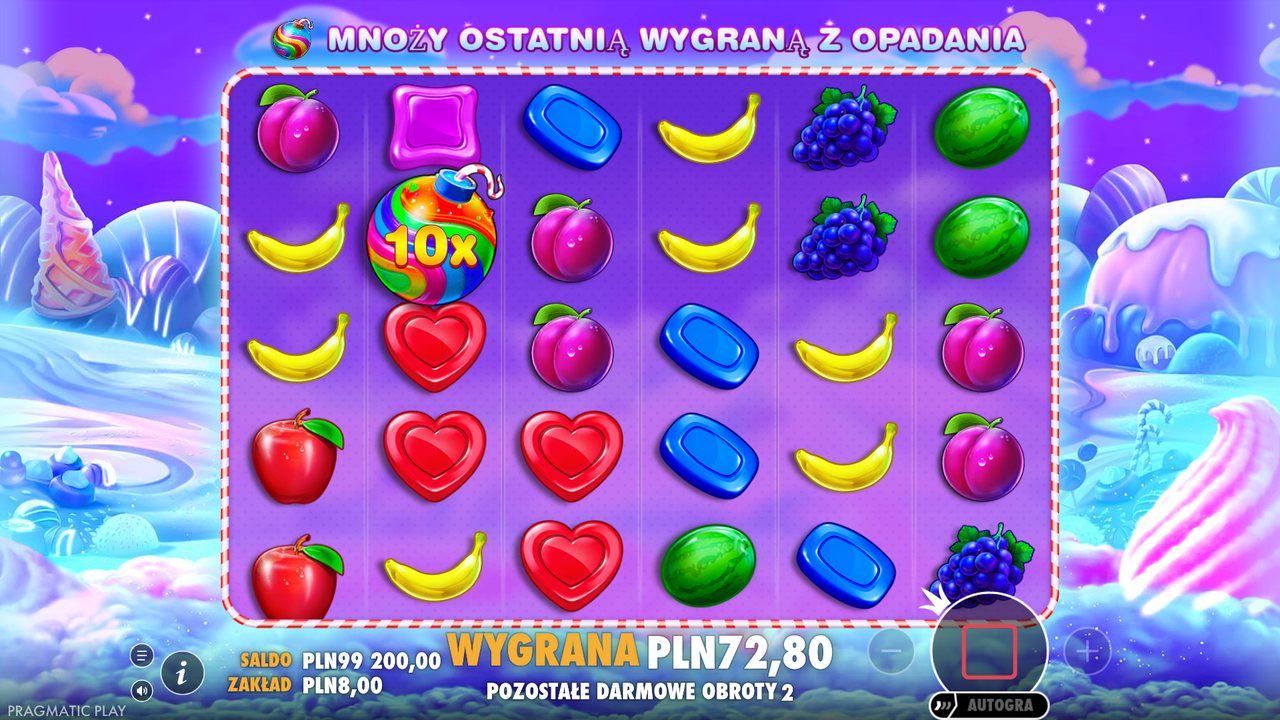 Darmowe spiny w grze Sweet Bonanza: bomba 10x i napis o mnożeniu wygranej z opadania