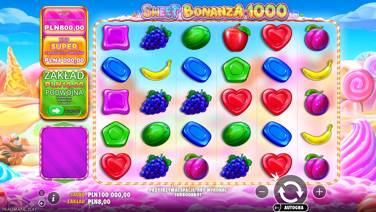 Sweet Bonanza 1000 w grze bazowej: jasne cukierkowe tło i pole 6×5