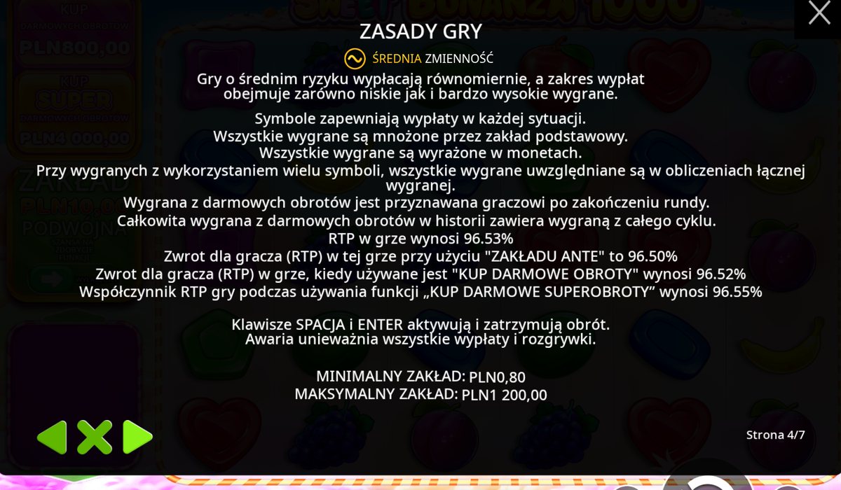Ekran zasad Sweet Bonanza 1000 z RTP dla każdego trybu gry