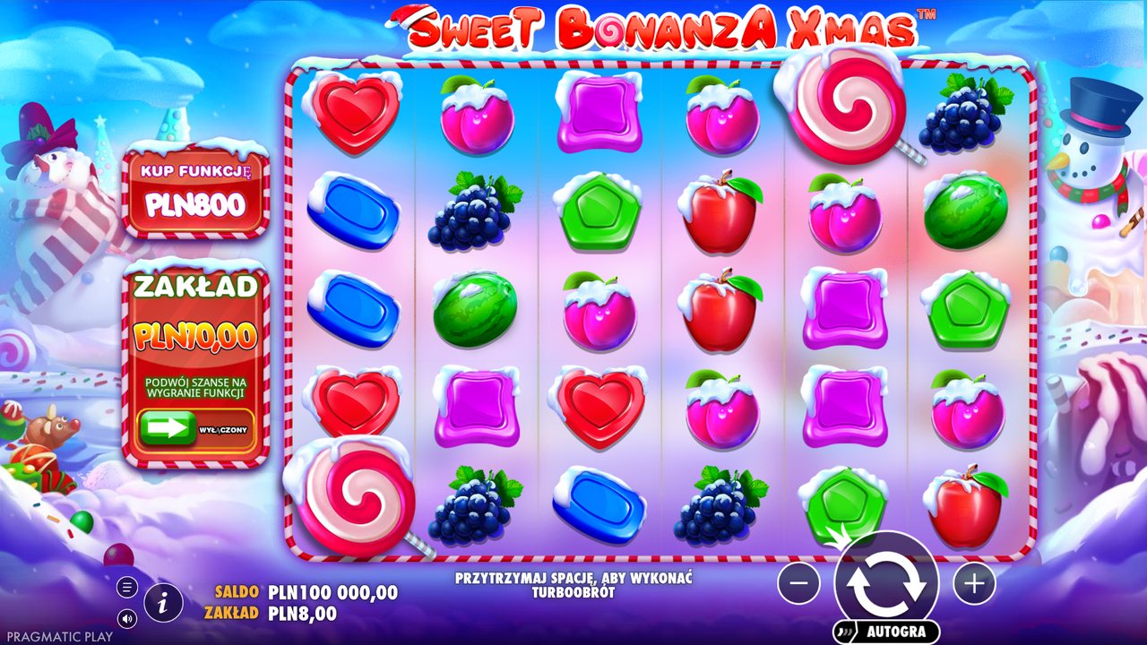 Ekran gry podstawowej Sweet Bonanza Xmas w demo po polsku: pole 6×5 w zimowej oprawie